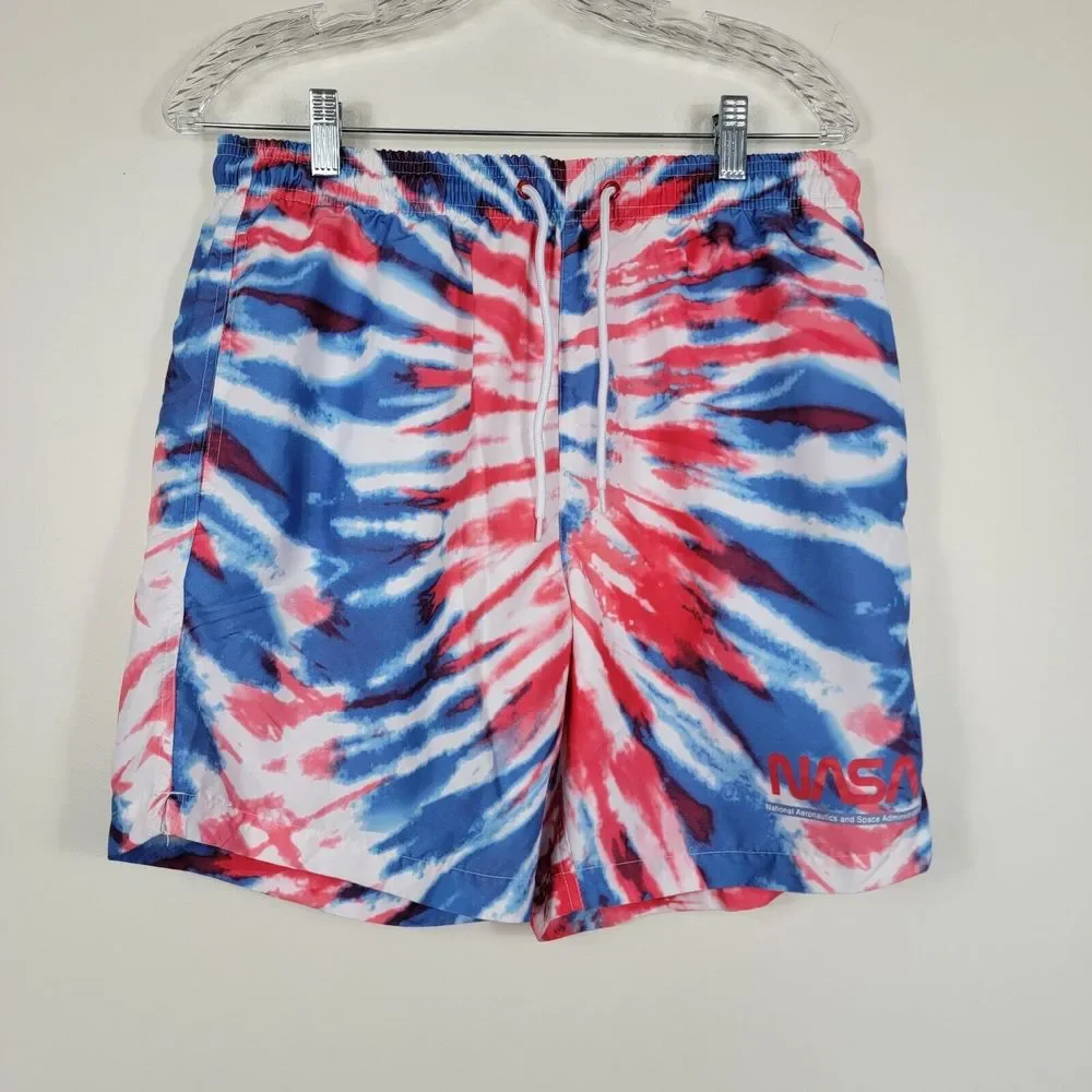NASA Aldrin Family Foundation Men's Sz Medium Tie Dye Swim Trunks Red White Blue